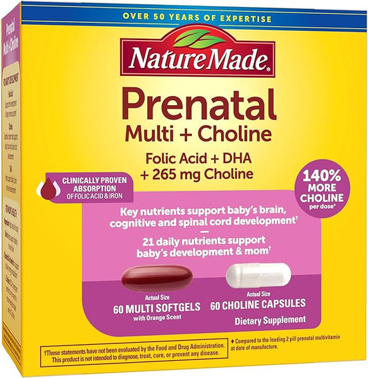Nature Made Prenatal Vitamin Softgels + Choline Capsules, Folic Acid + DHA + Choline, 60 Prenatal Vitamins for Women, 60 Choline Supplements Capsules, 60 Day Supply