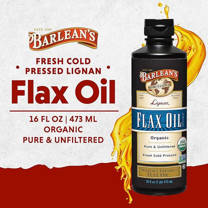 Barlean's Organic Lignan Flaxseed Oil Liquid Supplement from Cold Pressed Flax Seeds - 7,230 mg ALA Omega-3 Fatty Acids for Heart Health, Vegan and Gluten Free, 16 oz