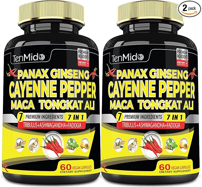 2 Packs 60 Caps of Cayenne Pepper Supplements Extract Capsules with Tongkat Ali, Ginseng, Tribulus, Ashwagandha, Maca, Fadogia - 4 Month Supply