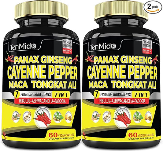 2 Packs 60 Caps of Cayenne Pepper Supplements Extract Capsules with Tongkat Ali, Ginseng, Tribulus, Ashwagandha, Maca, Fadogia - 4 Month Supply