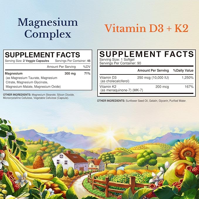 Vitalitown Magnesium Complex and Vitamin D3 K2 Bundle (Pack of 2) | Magnesium 5-in-1 Complex (Item 1) & Vitamin D3 K2 Supplement (Item 2) | 90 Capsules + 90 Softgels