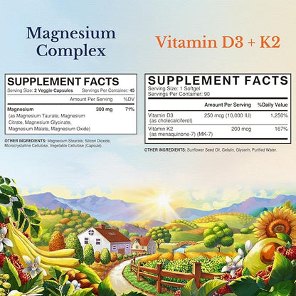 Vitalitown Magnesium Complex and Vitamin D3 K2 Bundle (Pack of 2) | Magnesium 5-in-1 Complex (Item 1) & Vitamin D3 K2 Supplement (Item 2) | 90 Capsules + 90 Softgels