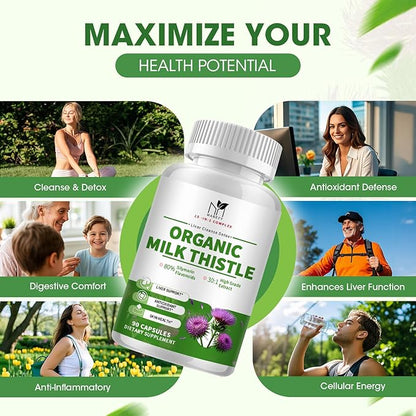 Liver Support Supplement with Milk Thistle Extract with Silymarin, Glutathione, Dandelion, Artichoke - Liver Cleanse Detox Repair, Antioxidant Support- 90 Capsules