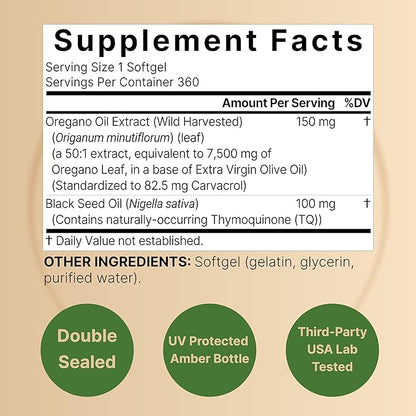 NatureBell Oregano Oil 7,500mg with Black Seed Oil, 360 Softgels | 360-day Supply Essential Oils for Immune Health | Retains High Concentrated Carvacrol & Thymoquinone – Non-GMO