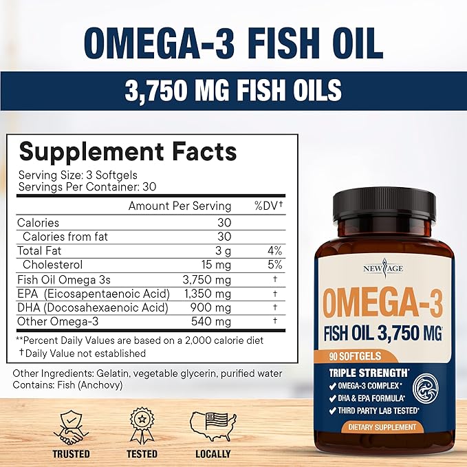 Triple Strength Omega 3 Fish Oil 3750 mg - EPA & DHA - Over 3000mg Omega-3 Fatty Acids - 1350mg EPA + 900mg DHA - Best Essential Fatty Acids, Burpless Fish Oil - 90 Count