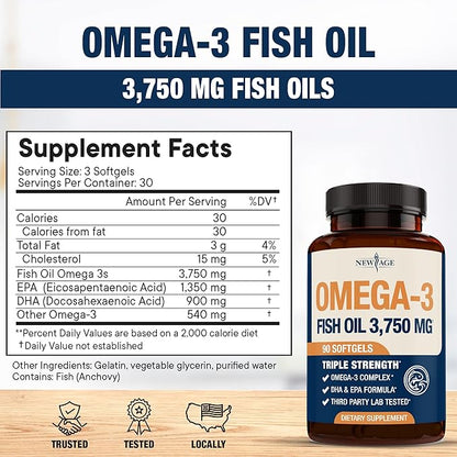 Triple Strength Omega 3 Fish Oil 3750 mg - EPA & DHA - Over 3000mg Omega-3 Fatty Acids - 1350mg EPA + 900mg DHA - Best Essential Fatty Acids, Burpless Fish Oil - 90 Count