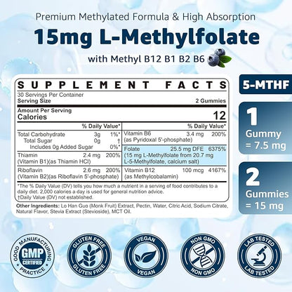 L-MethylFolate 15mg & Methyl B12 Gummies, Methylated B1, B2, B6 Multivitamins - Active 5-MTHF & High Absorption - Supports MTHFR Gene, Cognition, Homocysteine Levels, Folate Metabolism, Vegan, 60 Cts
