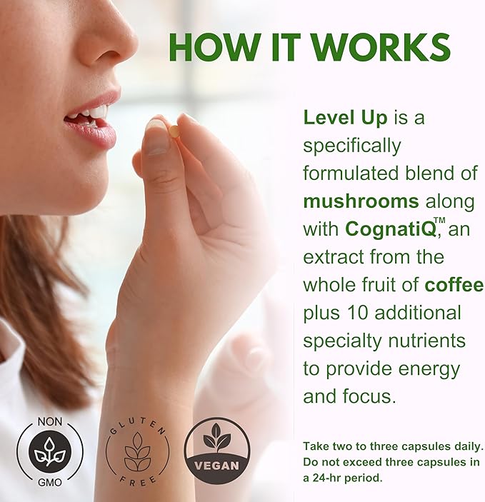 Life Happns Level Up Energy and Focus Supplement with Lions Mane, Ginkgo Biloba, L Theanine, Cordyceps Mushroom, Vitamin B, Brain and Memory Support Supplements, 90 Capsules