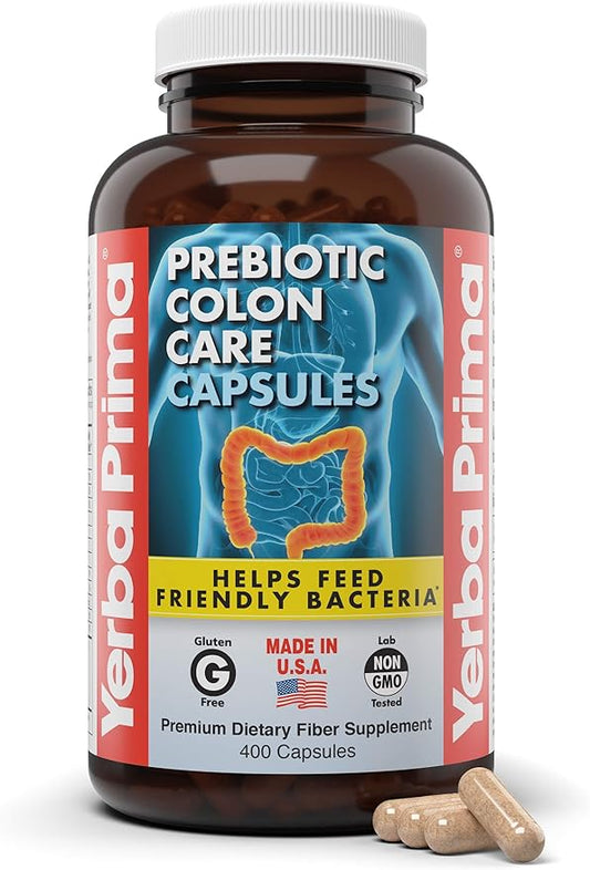 Yerba Prima Prebiotic Colon Care Capsules, 400 Caps - Five Forms of Fiber Plus FOS Pre-biotics - Dietary Health Supplement - Healthy Soluble & Insoluble Fibers for Regularity & Digestive Support