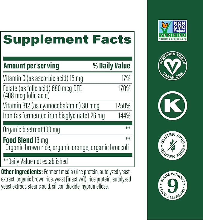MegaFood Blood Builder Minis, Iron Supplement Clinically Shown to Increase Iron Levels Without Side Effects - Vegan Supplement with Vitamin C, Vitamin B12 & Folic Acid, 72 Tablets (36 Servings)