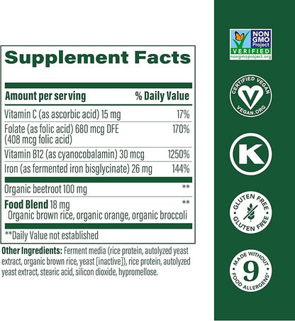 MegaFood Blood Builder Minis, Iron Supplement Clinically Shown to Increase Iron Levels Without Side Effects - Vegan Supplement with Vitamin C, Vitamin B12 & Folic Acid, 60 Tablets (30 Servings)