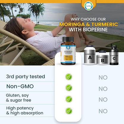 Moringa & Turmeric with BioPerine 10mg 95% Piperine – 1100 MG Joint Support Supplement with 95% Curcuminoids, 120 Vegan Capsules, USA-Made, GMP & UL-Certified