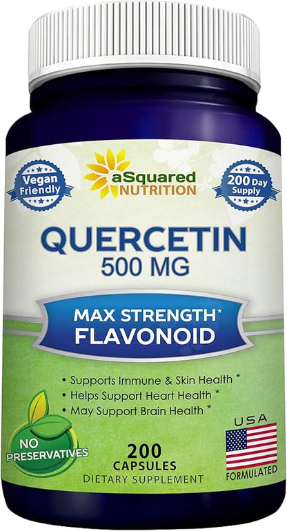 aSquared Nutrition Quercetin 500mg Supplement - 200 Capsules - Quercetin Dihydrate to Support Cardiovascular Health - Max Strength Powder Complex Pills to Help Improve Immune Response