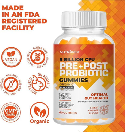 Prebiotic Probiotic & Postbiotic Gummies for Women Men & Kids Children - High Potency 5 Billion CFU - Sugar-Free & Gluten Free