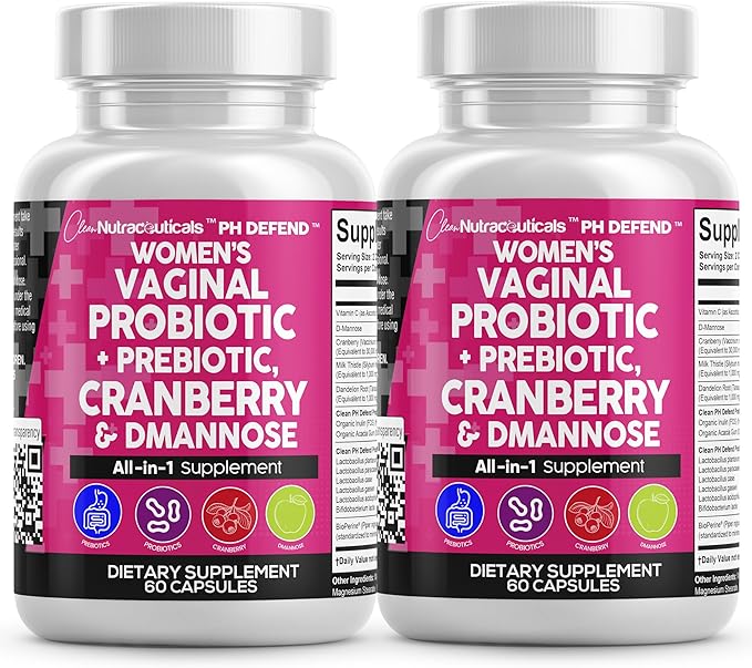 Clean Nutraceuticals Vaginal Probiotics for Women + Prebiotics 20 Billion Cranberry Pills w D-Mannose 500 mg for Urinary Tract Health pH Balance - for Vaginal Health Supplements Pills - 2Pack