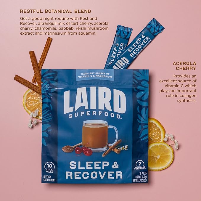 Laird Superfood Sleep & Recover, Bedtime Powdered Drink Mix Calming Supplement to Support Relaxation and Sleep with Tart Cherry and Chamomile, 0.3 Oz Packet, Pack of 10