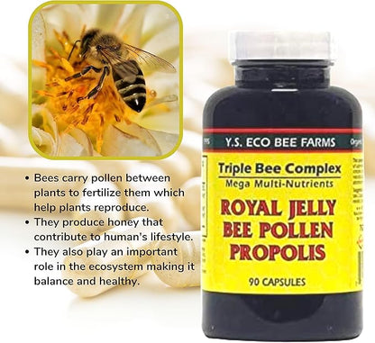 YS Organics Triple Bee Complex, Royal Jelly, Bee Pollen, Propolis - The Power of Nature Packed in 90 Capsules with Bonus worldwidenutrition Multi Purpose Key Chain