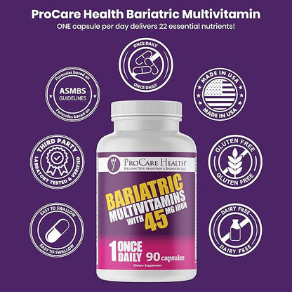 ProCare Health Bariatric Multivitamin with Iron 45mg (90 Easy to Swallow Capsules) - Post Op Bariatric Vitamins for Gastric Bypass Pills for Sleeve Patients, Sustain Recovery & Energy (3 Month Supply)