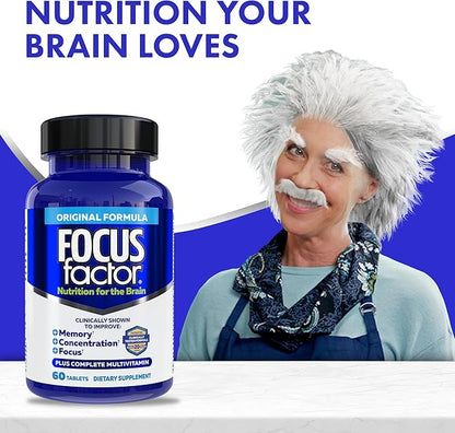 Focus Factor Nutrition for The Brain, Improved Memory & Concentration Brain Supplement, Complete Multivitamin with Vitamins B6, B12, D, Bacopa Monnieri & Tyrosine, 60 Count
