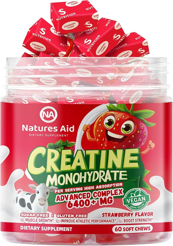 Creatine Monohydrate Chews Complex for Men & Women -Advanced Formula W/L-Taurine + Vitamin B12, Sugar Free Chewable Supplement,60 Strawberry Softchews.