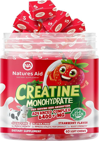 Creatine Monohydrate Chews Complex for Men & Women -Advanced Formula W/L-Taurine + Vitamin B12, Sugar Free Chewable Supplement,60 Strawberry Softchews.