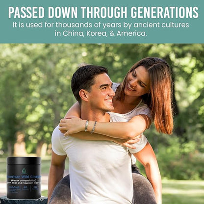Holistic Bin Wild American Ginseng Capsules Pure Organic Ginseng Supplement Made with Wild Harvested 20+ Year Old Roots from Appalachia (Panax Quinquefolius) | No Fillers (40 Capsules)