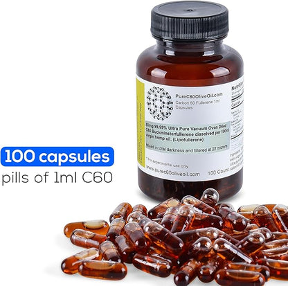 PureC60OliveOil C60 Organic Hemp Seed Oil Capsules Pills 100ml / 3.4 Fl Oz - 99.99% Carbon 60 Solvent Free 80mg - Food Grade - Carbon 60 Hemp Seed Oil - from The Leading Global Producer