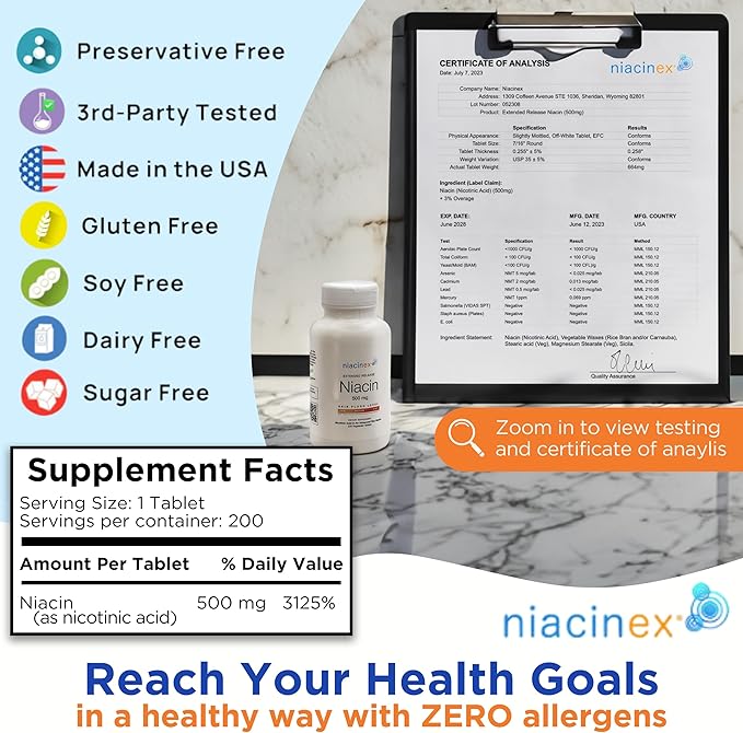 Niacin 500mg Extended Time Release Tablets Minimal to No-Flush, Vitamin B3 Supplement - Cholesterol Balance, Nicotinic Acid - Vegan, cGMP, made in The USA (1 Pack)