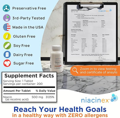 Niacin 500mg Extended Time Release Tablets Minimal to No-Flush, Vitamin B3 Supplement - Cholesterol Balance, Nicotinic Acid - Vegan, cGMP, made in The USA (1 Pack)
