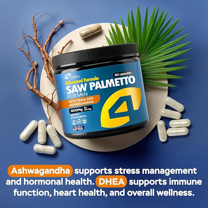 Improved Complex Saw Palmetto for Men & Prostate Health Supplements for Men - Advanced Formula Saw Palmetto Extract w/ DHEA & Ashwagandha 900mg - DHT Blocker for Hair Support - Prostate Supplements