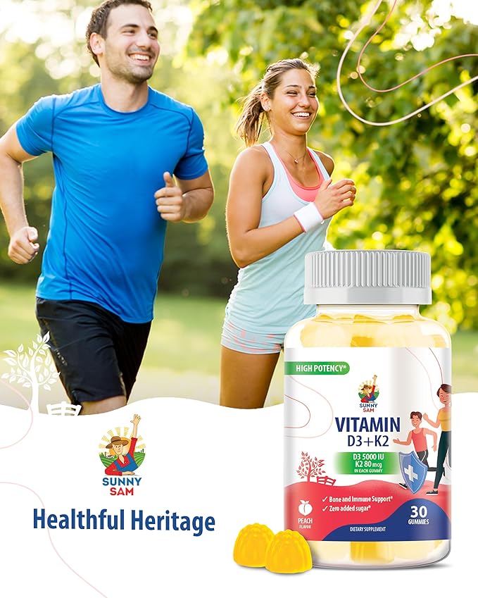 SUNNY SAM Sugar-Free Vitamin D3 K2 Gummies 5000 IU - Immune & Bone Support Gummies - Vitamin D Gummy Supplement for Adults - High-Absorption, Vegan, Halal, Gluten-Free Chewable Vitamins
