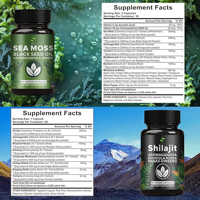 OPTI 60 Capsule of Ashwagandha, Black Seed and More All 11 in 1 Supplement Bundle (2 Value Pack)