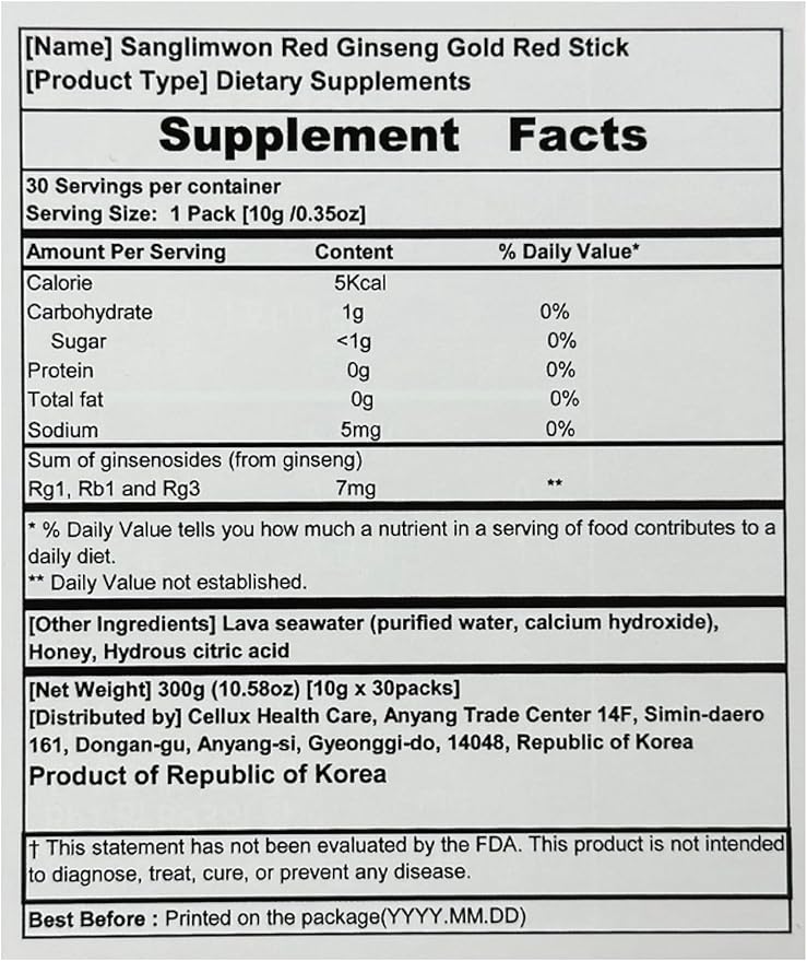 Korean Food Sanglimwon Red Ginseng Gold Stick, 7mg Ginsenosides, 30 Sticks, Korean Panax Ginseng Extract for Vitality and Wellness, 상림원 홍삼, Total 300ml (10.14 fl oz)