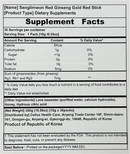 Korean Food Sanglimwon Red Ginseng Gold Stick, 7mg Ginsenosides, 30 Sticks, Korean Panax Ginseng Extract for Vitality and Wellness, 상림원 홍삼, Total 300ml (10.14 fl oz)