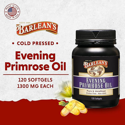 Barlean's Evening Primrose Oil Capsules, GLA Supplement for Men and Women, Healthy Skin, Immune Support and Bone Strength 1300mg Softgels, 120 Count