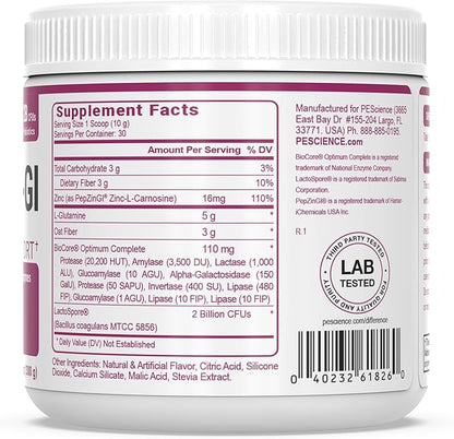 PEScience Complete-GI Gut Health Powder, Raspberry, Probiotics for Women and Men, Digestive Enzymes, Prebiotic Fiber, L Glutamine, Zinc Carnosine, 30 Servings