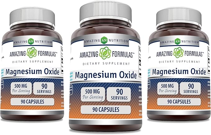 Amazing Formulas Magnesium Oxide 500 mg Capsules Supplement | Non-GMO | Gluten Free | Made in USA (90 Count | 3 Pack)