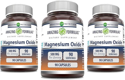 Amazing Formulas Magnesium Oxide 500 mg Capsules Supplement | Non-GMO | Gluten Free | Made in USA (90 Count | 3 Pack)