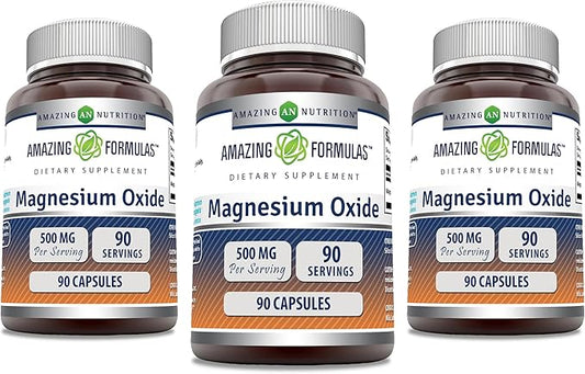 Amazing Formulas Magnesium Oxide 500 mg Capsules Supplement | Non-GMO | Gluten Free | Made in USA (90 Count | 3 Pack)