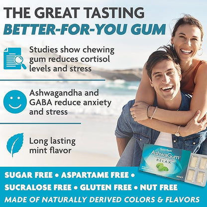 AshwaGum RELAX Gum by BetterGum, High Potency Supplement with KSM 66 Ashwagandha and Gaba, Supports Stress and Tension Relief, Alternative to Gummies, Sugar-Free, 10 Pieces - 6 Pack