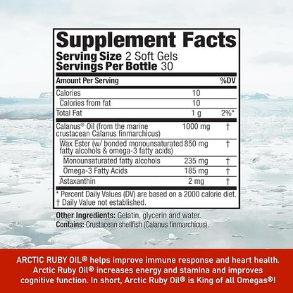 Arctic Ruby Oil - Omega 3 Supplement with Astaxanthin 2mg - Contains Essential Fatty Acids & Antioxidants - Supports Heart, Brain, Eye, Skin, Joint & Immune Health - 60 Softgels (1 Pack)