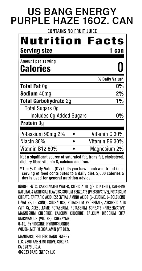 Bang Energy Purple Haze, Sugar-Free Energy Drink, 16 Ounce (Pack of 12)