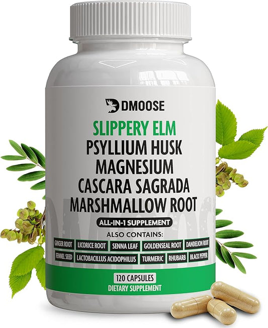 16 in 1 Slippery Elm Bark Supplement for Women & Men - Probiotic, Psyllium Husk, Cascara, Magnesium & Marshmallow Root Complex for Digestive Health & Leaky Gut Wellness - DGL Licorice Extract Capsules