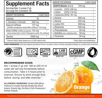 ALLMAX Nutrition AMINOCUTS (ACUTS), Amino-Charged Energy Drink with Taurine, L-Carnitine, Green Coffee Bean Extract, Orange, 30 Servings