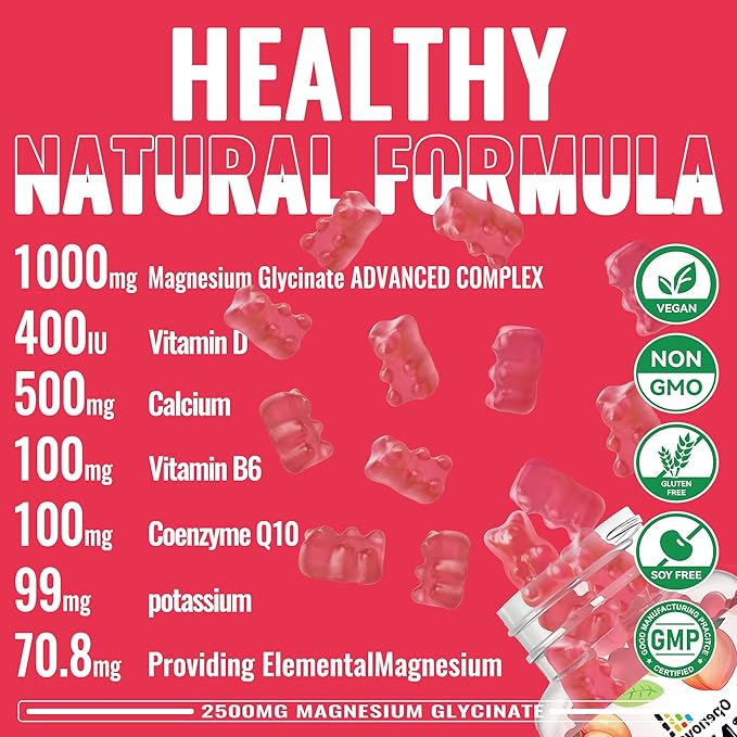 Magnesium Glycinate Gummies 2500mg - Sugar Free Magnesium Potassium Supplement with Vitamin D, B6, CoQ10 for Calm Mood & Sleep Support - 90 Peach Gummies