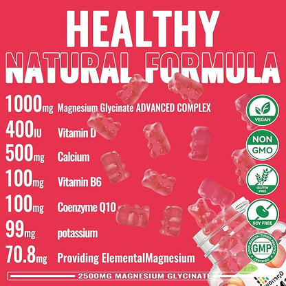 Magnesium Glycinate Gummies 2500mg - Sugar Free Magnesium Potassium Supplement with Vitamin D, B6, CoQ10 for Calm Mood & Sleep Support - 90 Peach Gummies