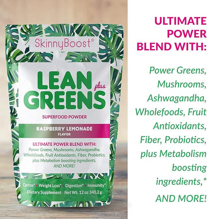 SkinnyBoost - Lean Greens & Super Food Powder - Ultimate Power Blend with Green Tea, Mushroom Blend, Ashwagandha, Spirulina Algae & Wholefoods - Natural Detox & Clean Energy - 30 Servings -12 Oz