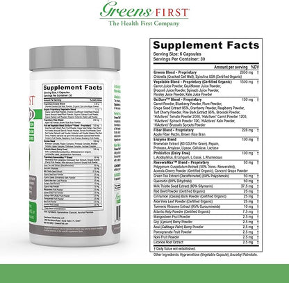 Greens First PRO Phytonutrient Capsules - 30 Servings - 54 Antioxidant Superfoods, Organic Fruits & Vegetables - Prebiotics, Probiotics & Digestive Enzymes - Dairy & Wheat-Free, Non-GMO - 180 Capsules