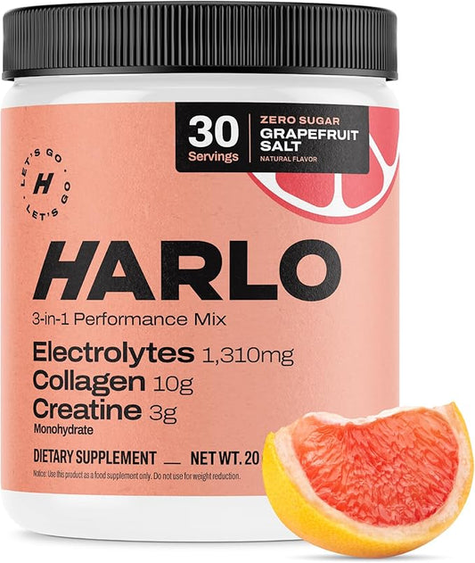 Harlo - Collagen & Creatine Electrolyte Drink Mix – Grapefruit Salt Flavor – Hydrating Pre & Post Workout Powder – Supports Skin, Joints & Muscle Recovery – Sugar-Free Energy Boost