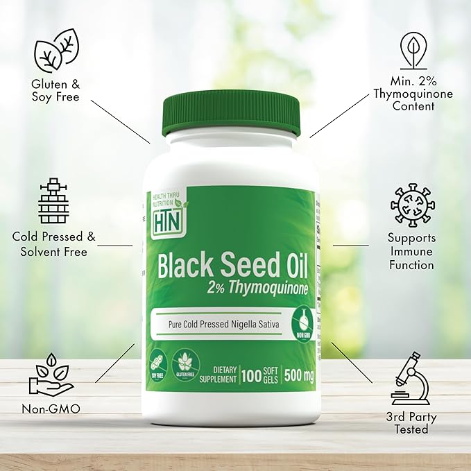 Health Thru Nutrition Black Seed Oil 500mg 100 Softgels | High Potency 2% Thymoquinone | 3rd Party Tested | Pure Cold Pressed | Organically Gown | Non-GMO, Gluten Free, Soy Free